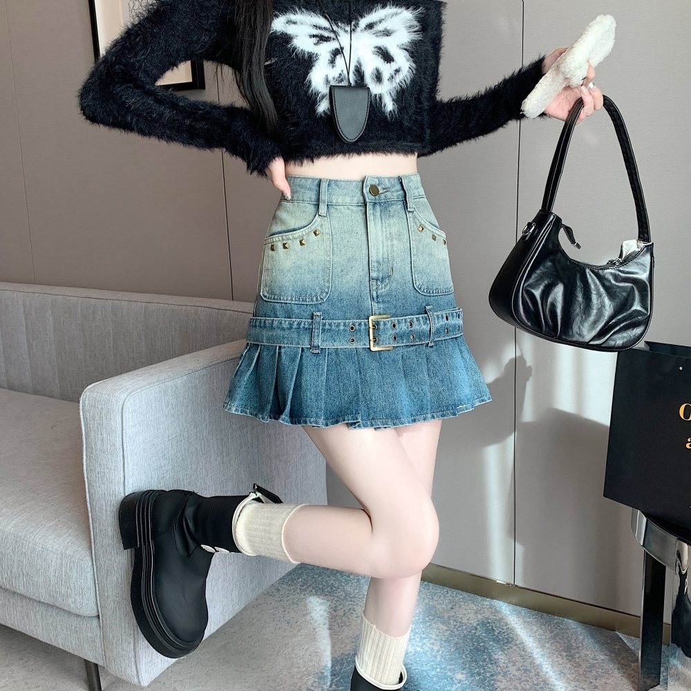 A-line short retro denim skirt pleated spicegirl skirt