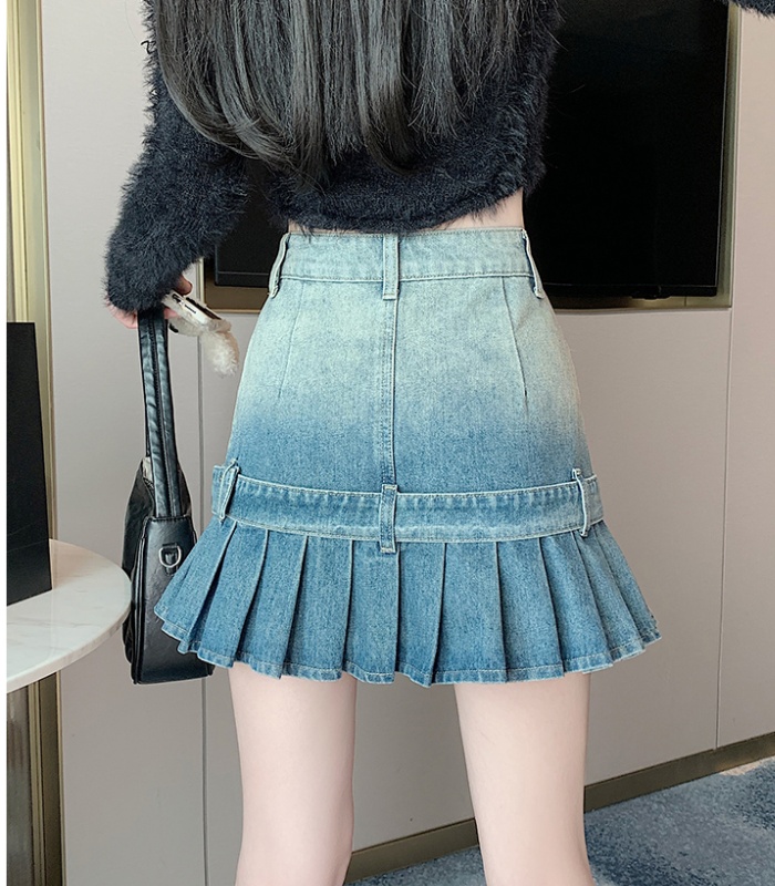 A-line short retro denim skirt pleated spicegirl skirt