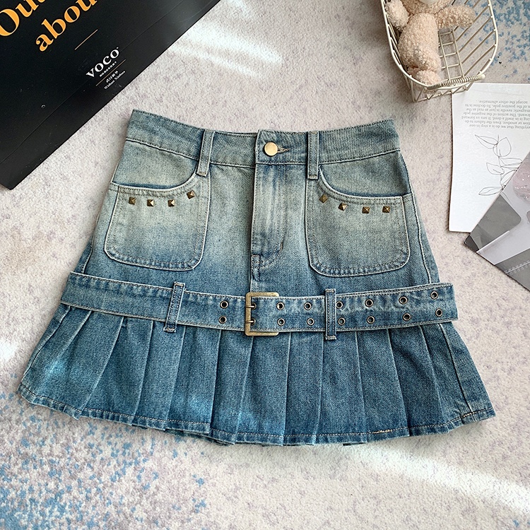 A-line short retro denim skirt pleated spicegirl skirt