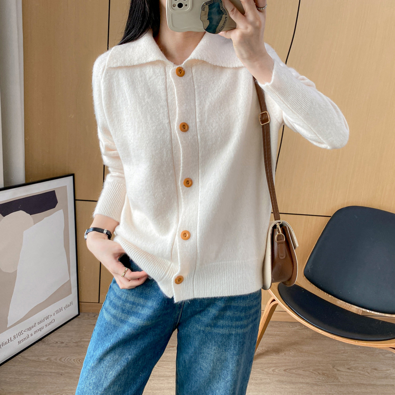 Single-breasted pure tops lapel all-match sweater for women