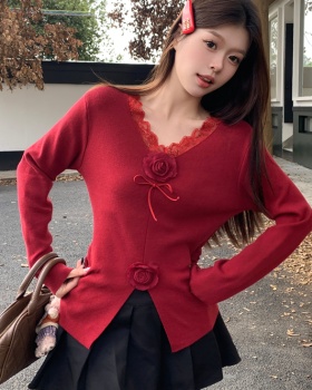 Splice bottoming rose tops lace V-neck sweater