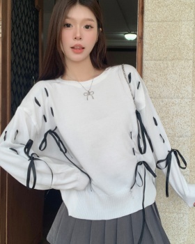 Loose round neck sweater bow bandage tops for women