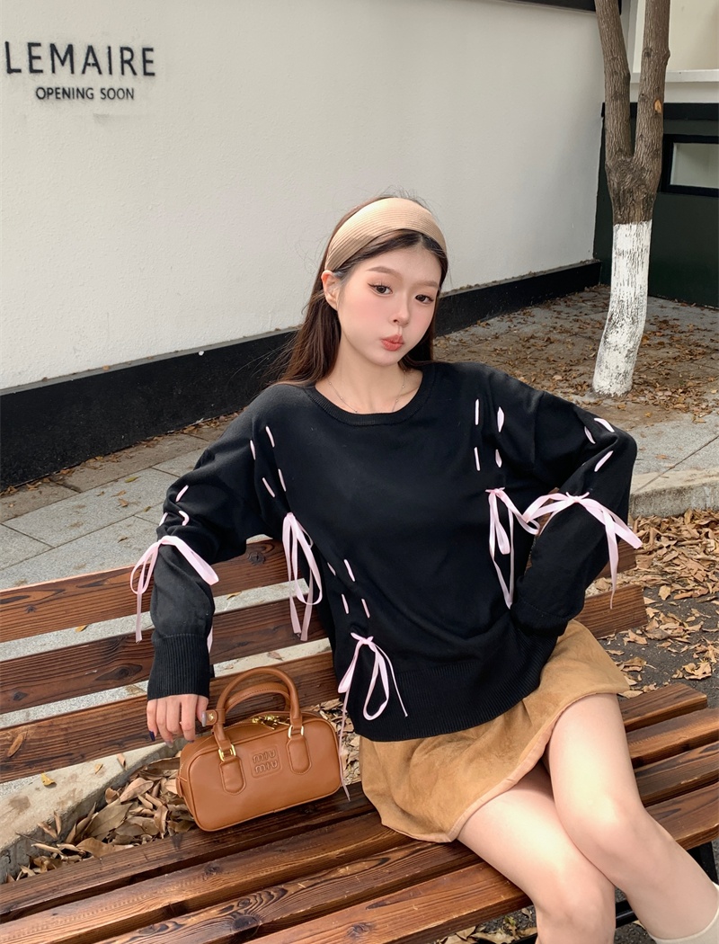 Loose round neck sweater bow bandage tops for women