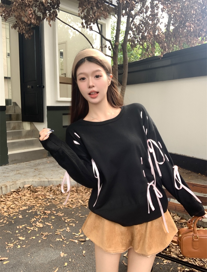 Loose round neck sweater bow bandage tops for women