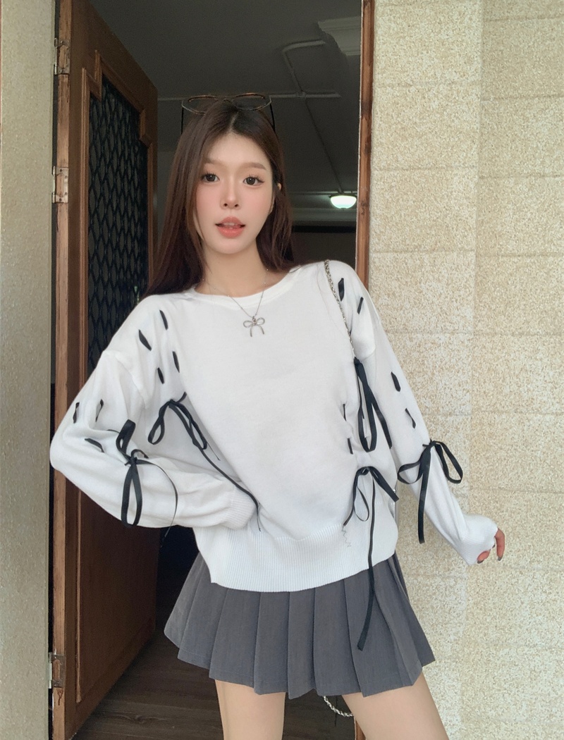 Loose round neck sweater bow bandage tops for women