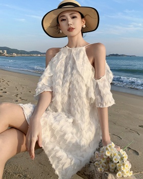 Vacation seaside summer T-back white chiffon dress