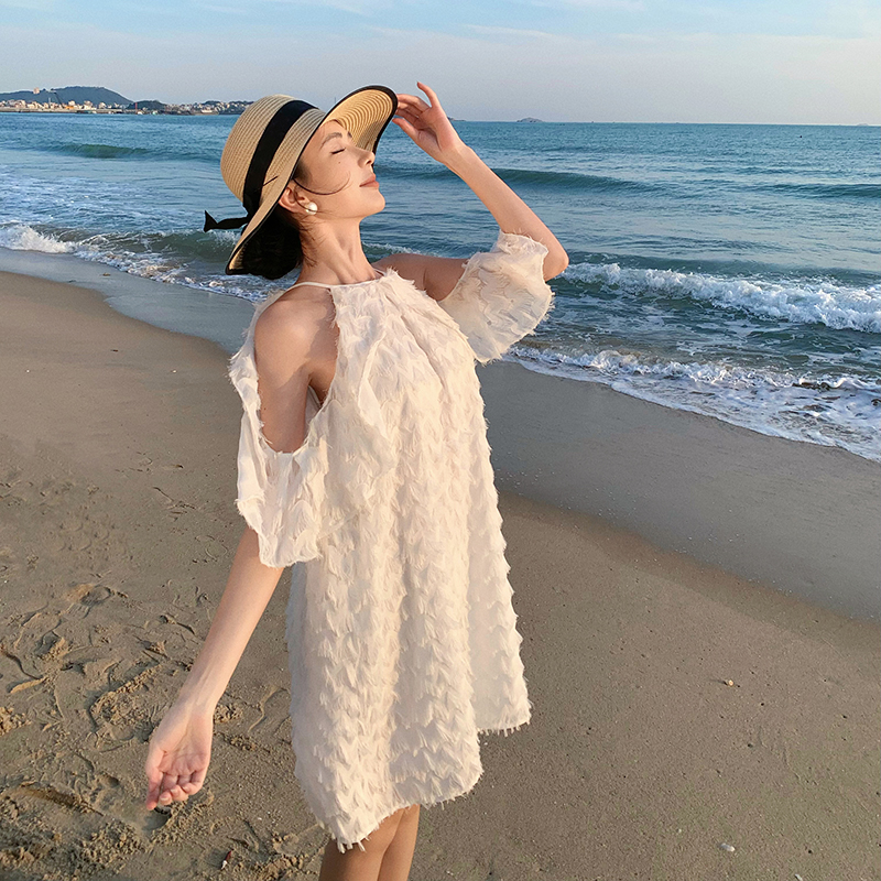 Vacation seaside summer T-back white chiffon dress