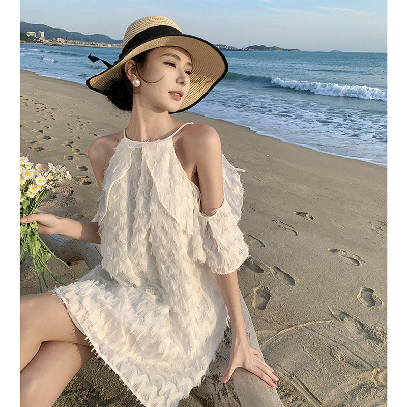 Vacation seaside summer T-back white chiffon dress