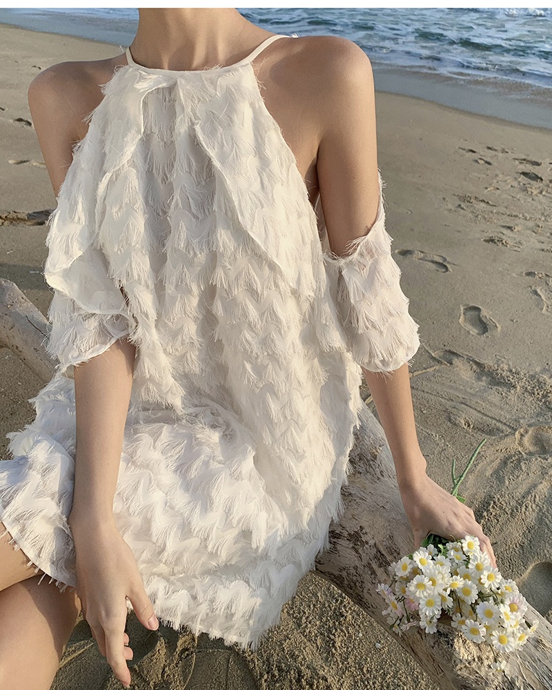 Vacation seaside summer T-back white chiffon dress