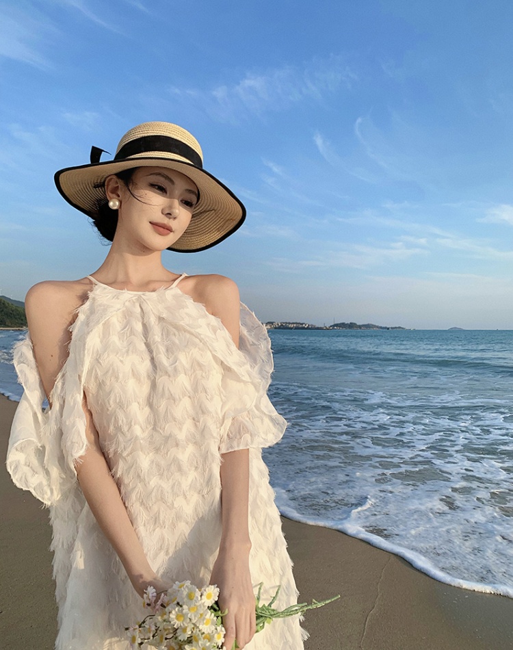 Vacation seaside summer T-back white chiffon dress