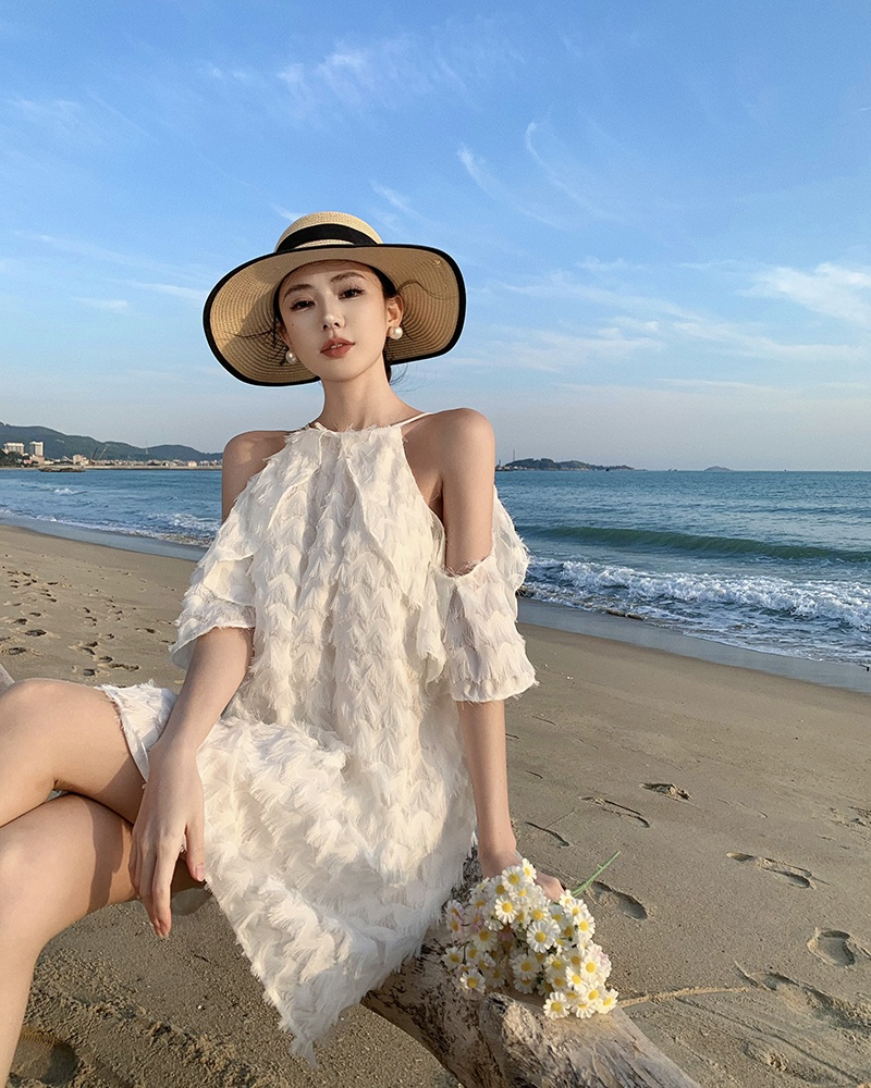 Vacation seaside summer T-back white chiffon dress