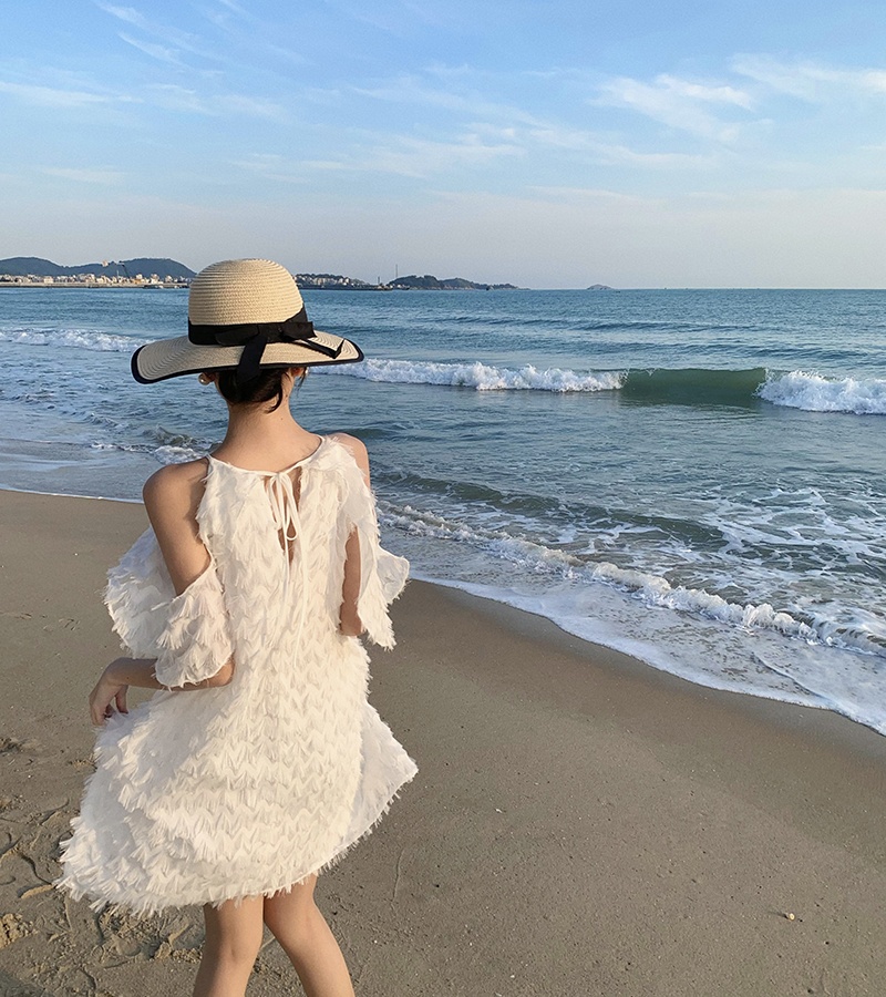 Vacation seaside summer T-back white chiffon dress