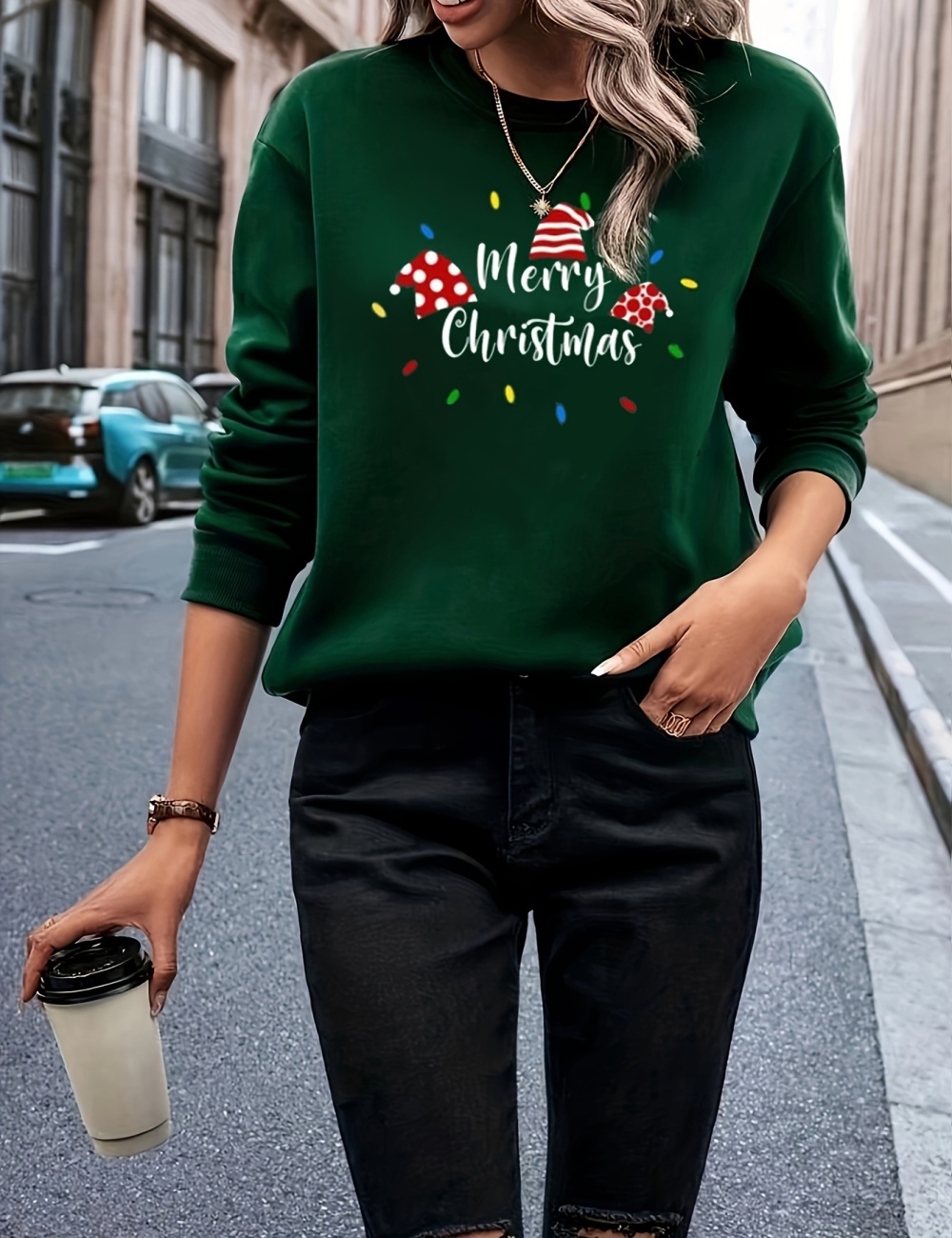 Pure simple christmas hoodie round neck loose T-shirt