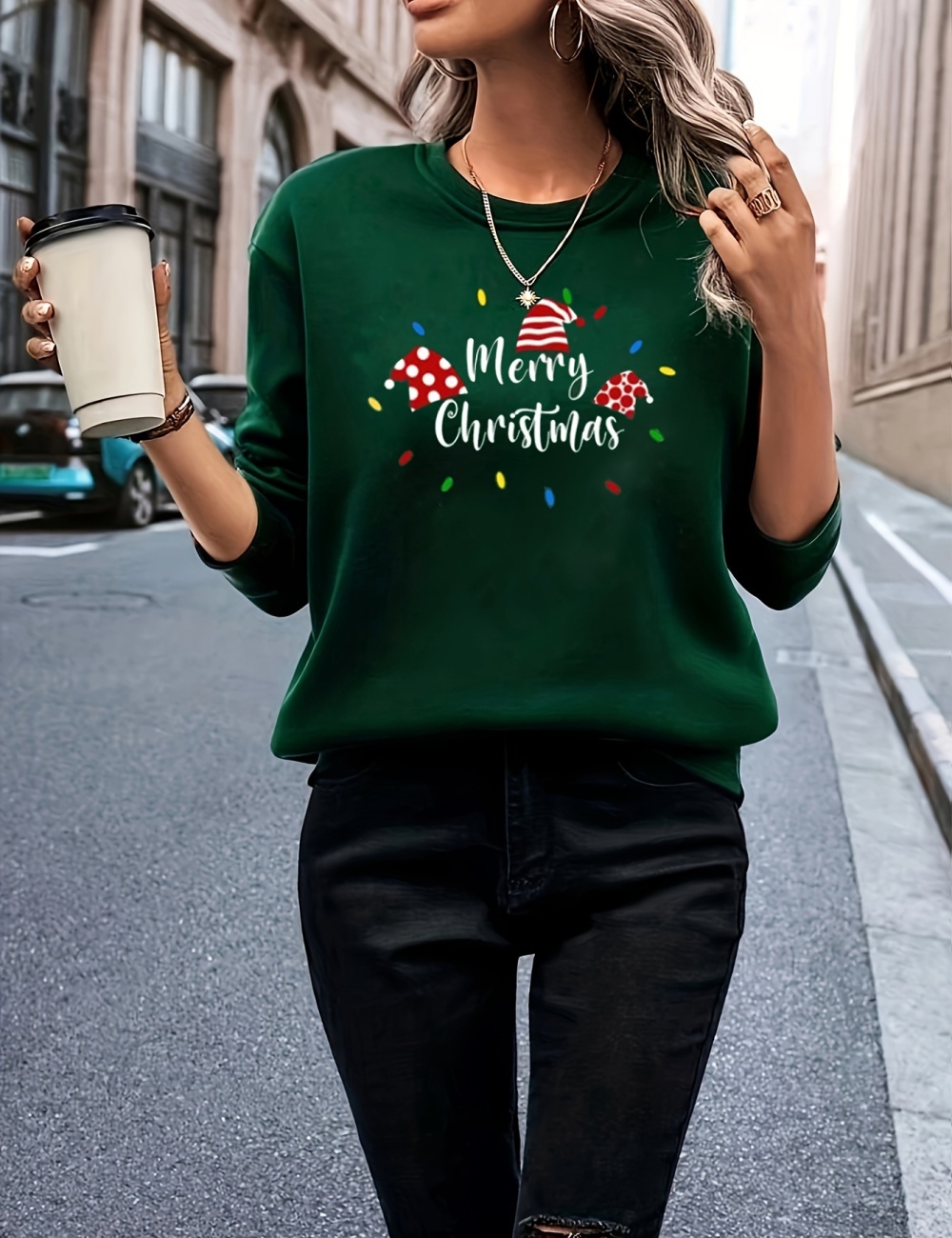 Pure simple christmas hoodie round neck loose T-shirt