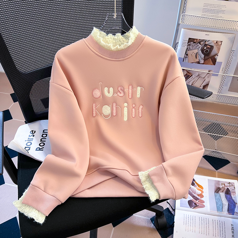 Plus velvet splice tops letters high collar hoodie for women