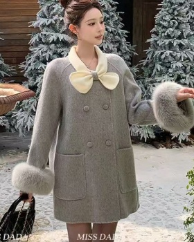 France style woolen long fox fur maiden wool overcoat