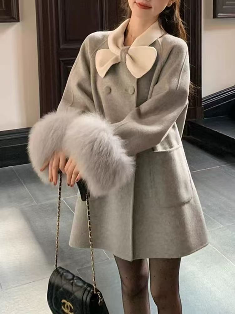 France style woolen long fox fur maiden wool overcoat