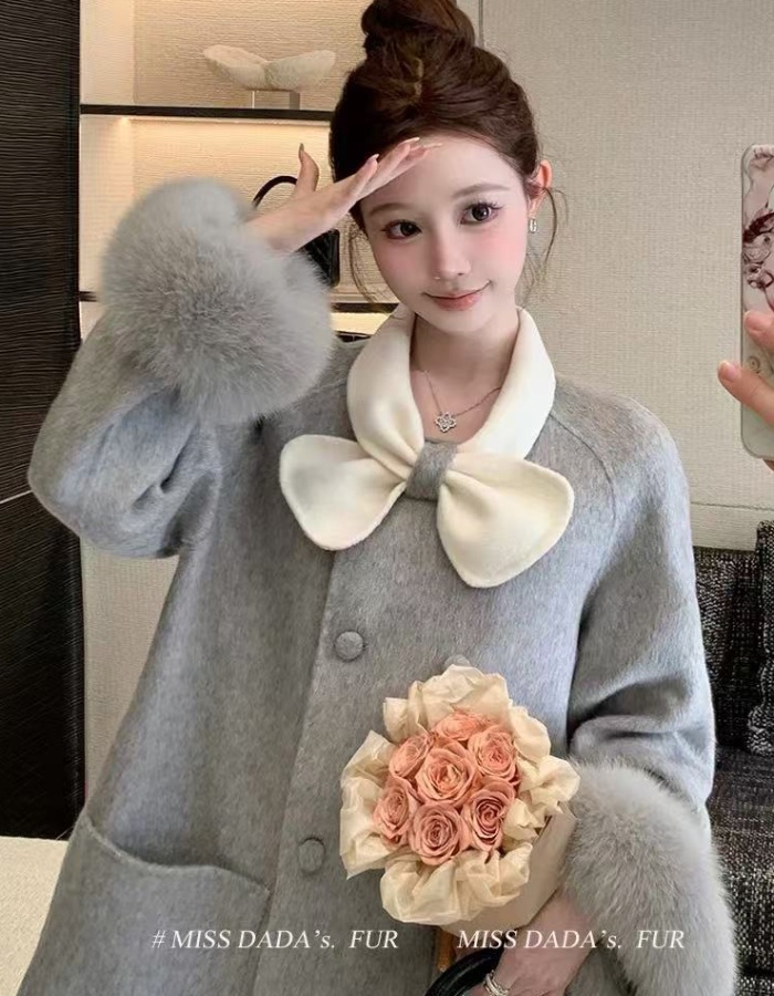 France style woolen long fox fur maiden wool overcoat