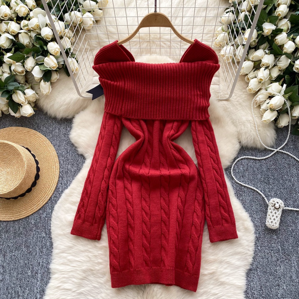 Pinched waist slim lapel sweater flat shoulder niche dress