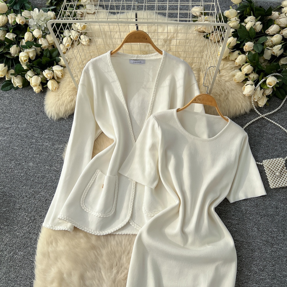 Pinched waist dress bandage cardigan 2pcs set for women