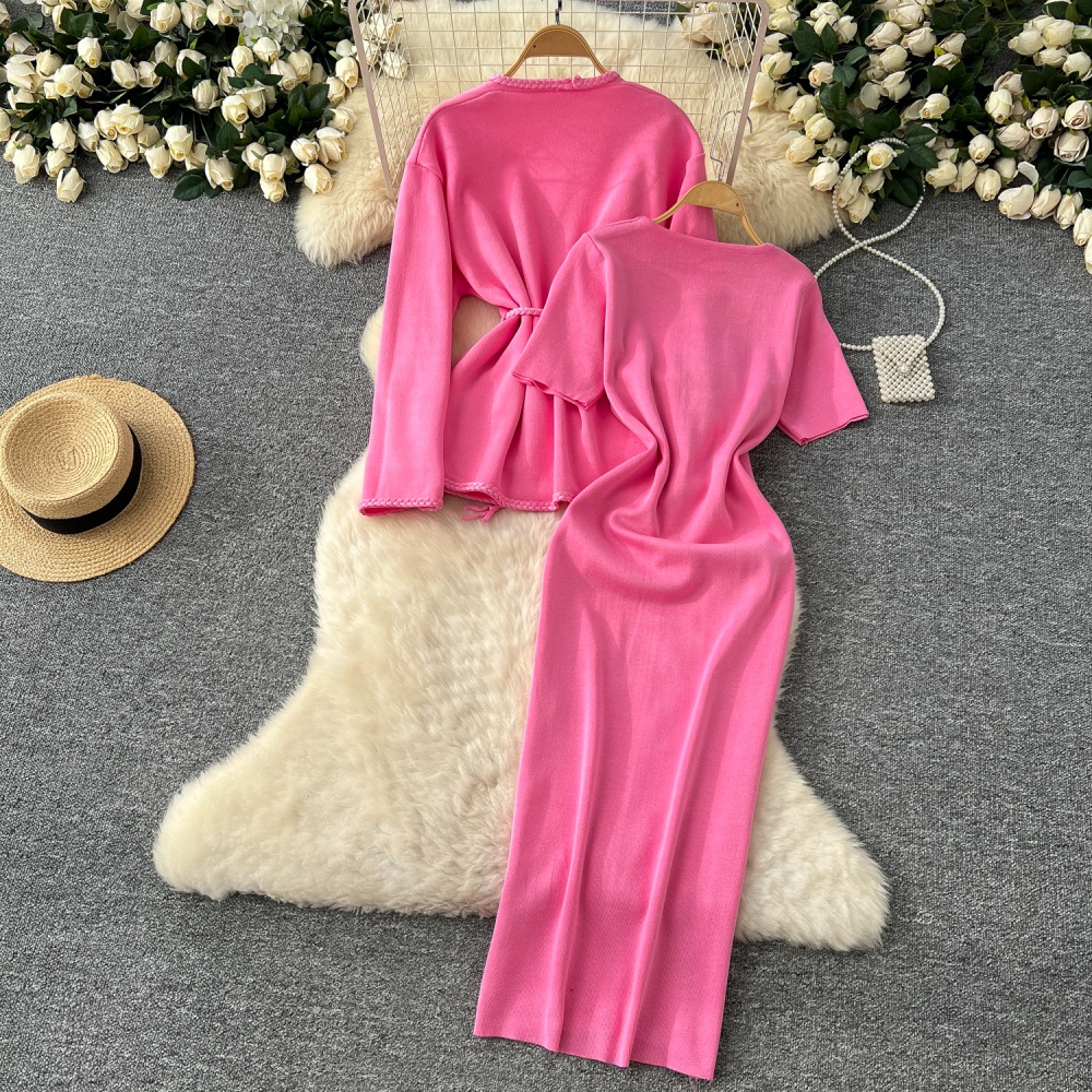 Pinched waist dress bandage cardigan 2pcs set for women