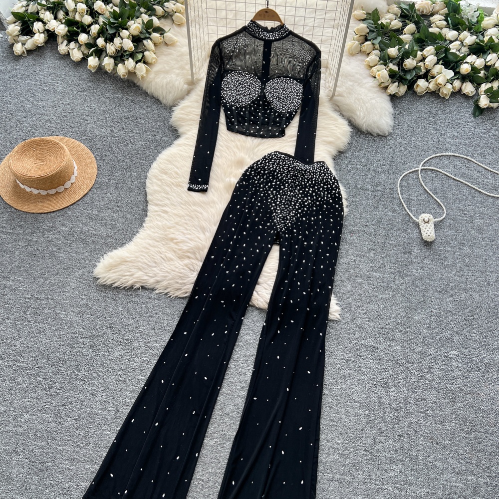 Fashion ladies tops gauze high waist long pants 2pcs set