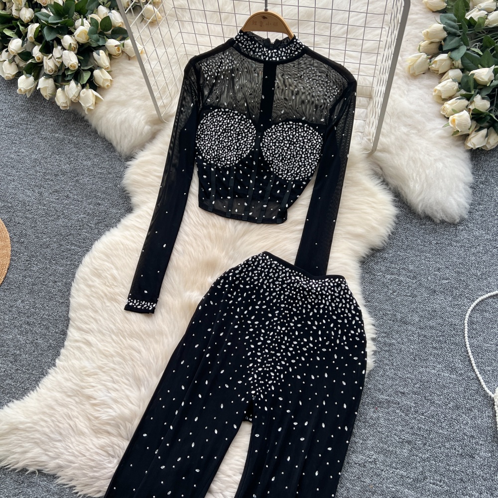 Fashion ladies tops gauze high waist long pants 2pcs set