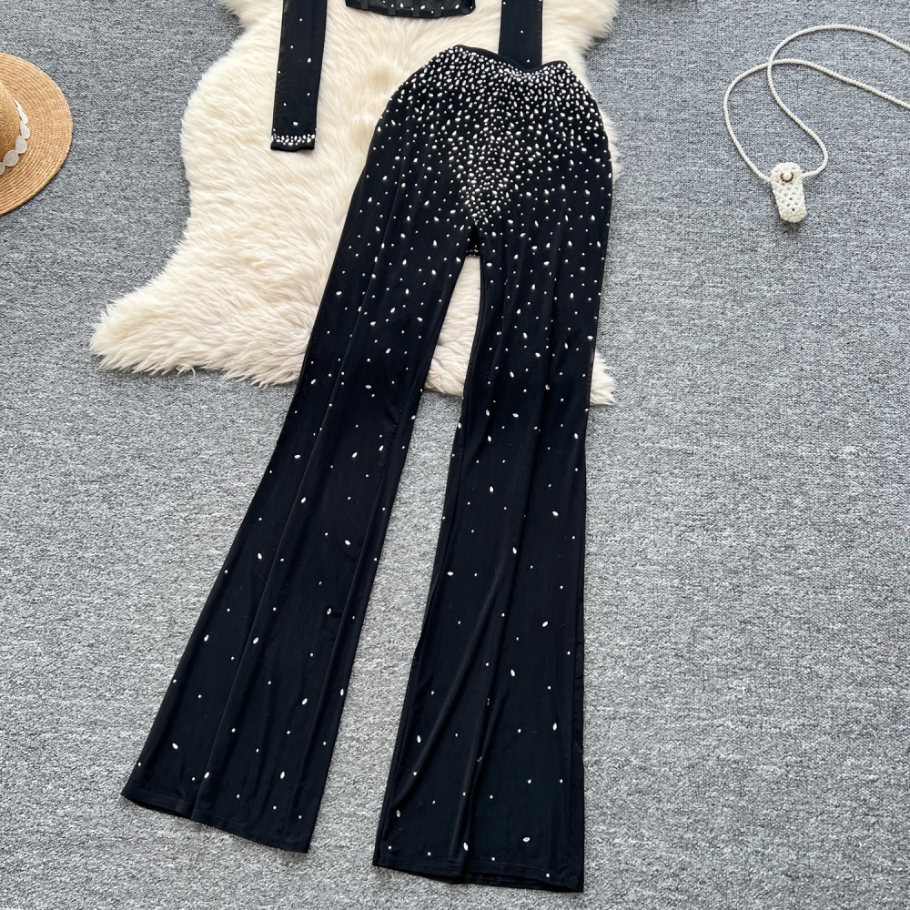 Fashion ladies tops gauze high waist long pants 2pcs set