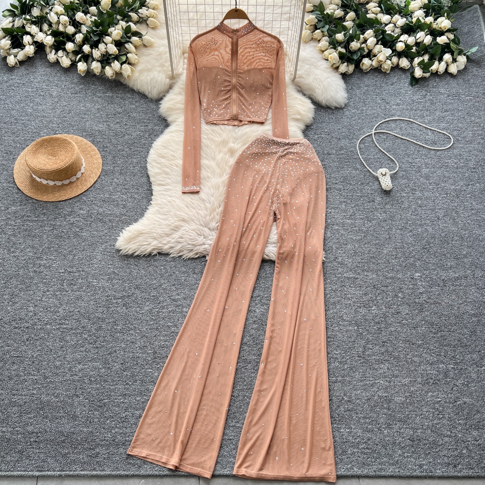 Fashion ladies tops gauze high waist long pants 2pcs set