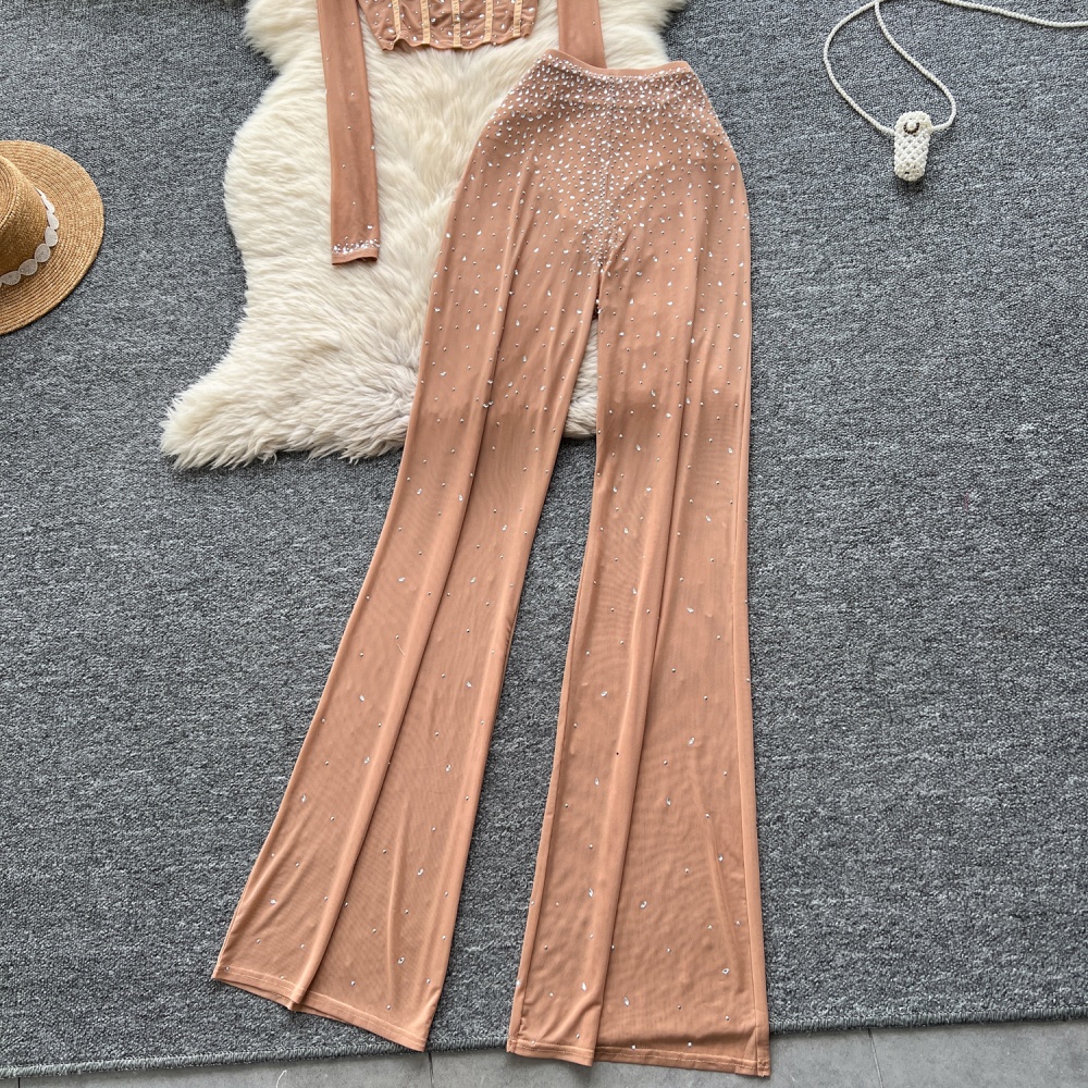 Fashion ladies tops gauze high waist long pants 2pcs set