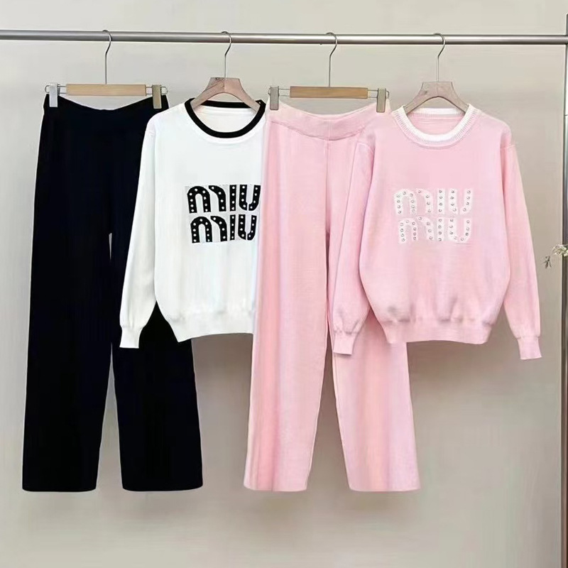 Round neck rhinestone sweater all-match long pants 2pcs set