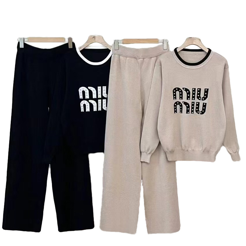 Round neck rhinestone sweater all-match long pants 2pcs set