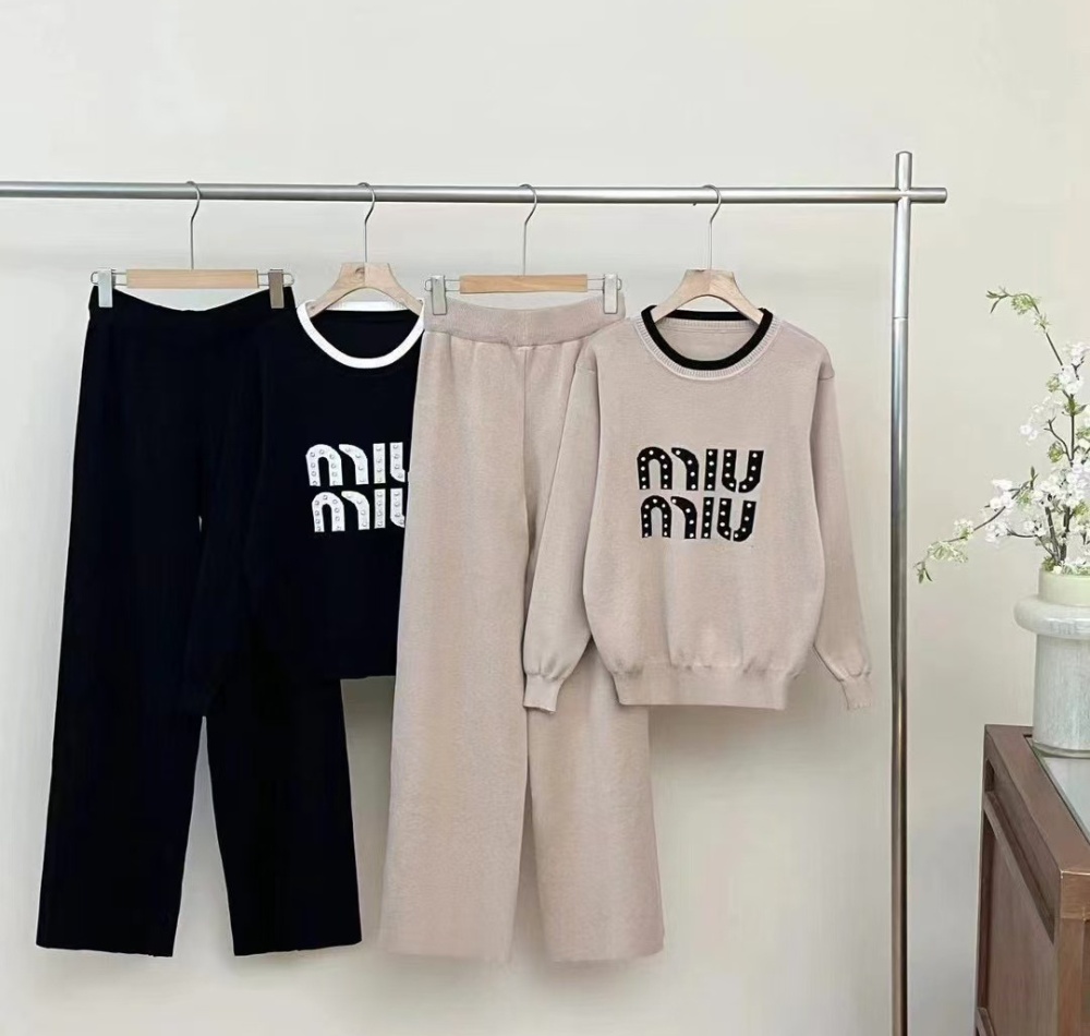 Round neck rhinestone sweater all-match long pants 2pcs set