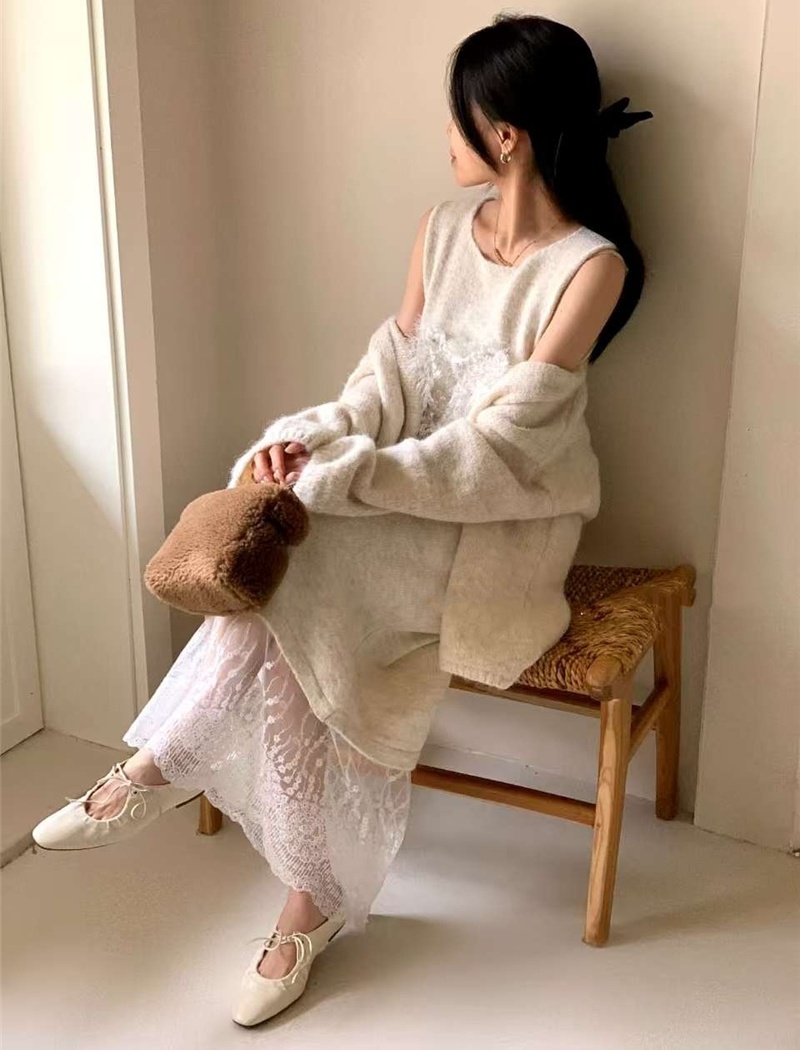 Slim refinement vest spring knitted cardigan a set