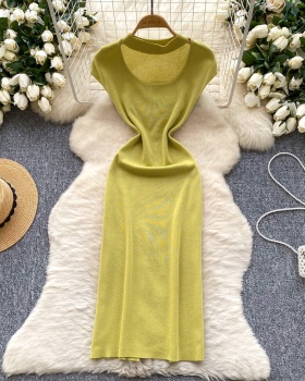 Short sleeve knitted long dress hollow dress