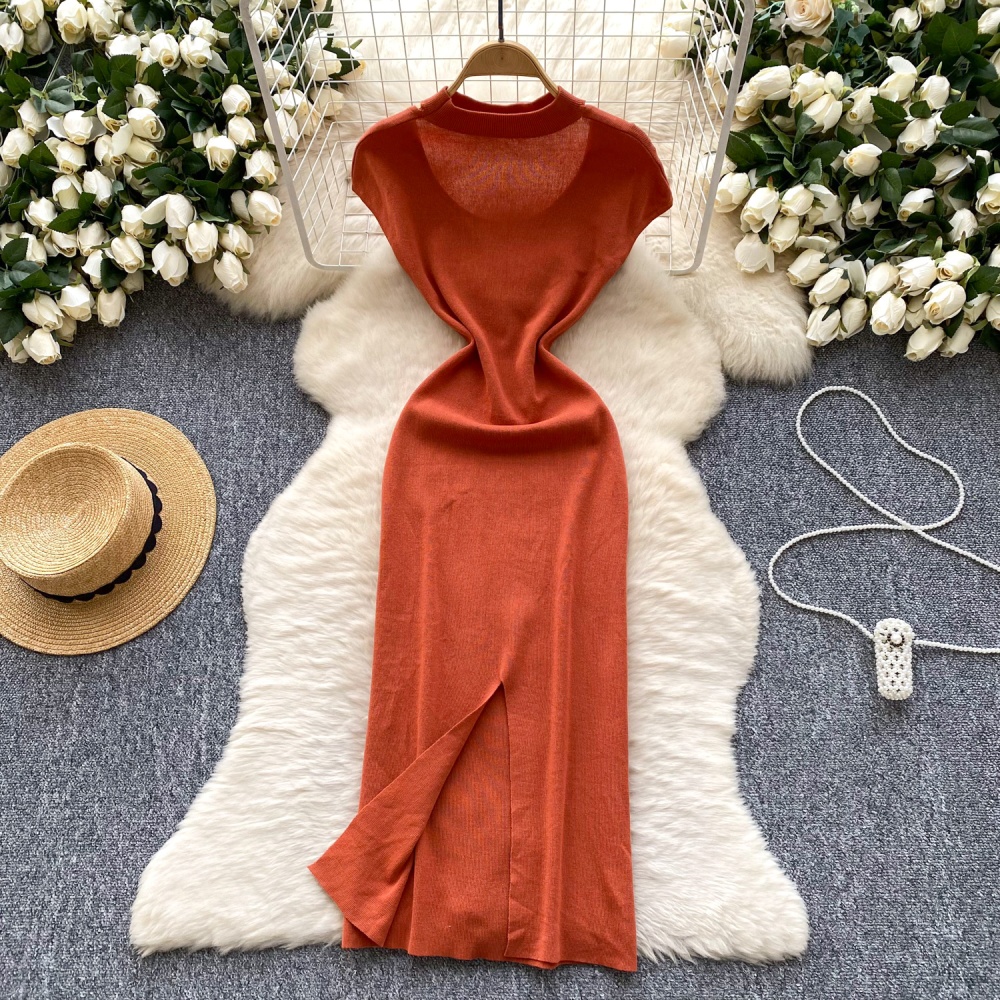 Short sleeve knitted long dress hollow dress