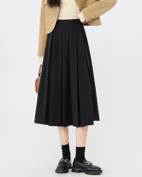 Woolen high waist long A-line pleated skirt for women