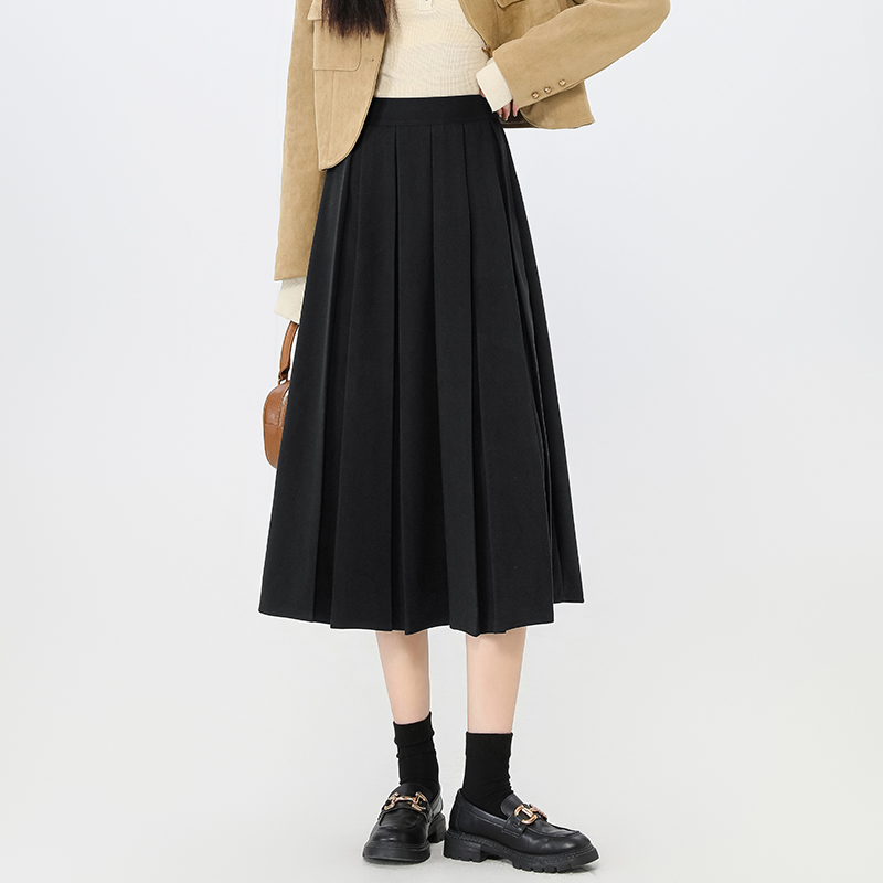 Woolen high waist long A-line pleated skirt for women