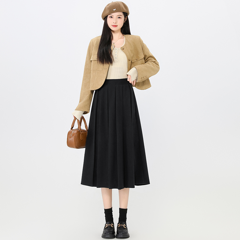 Woolen high waist long A-line pleated skirt for women