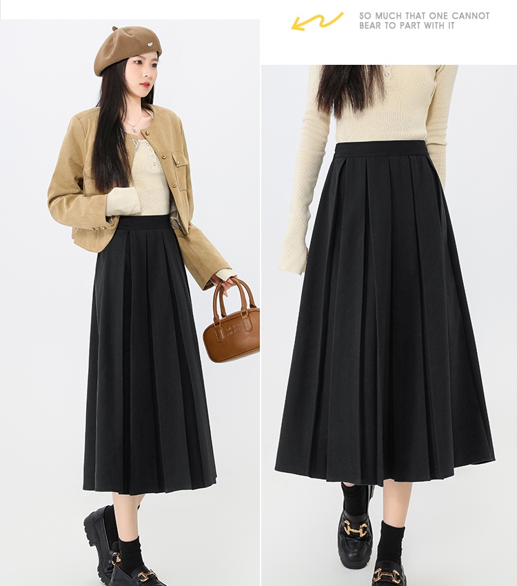 Woolen high waist long A-line pleated skirt for women