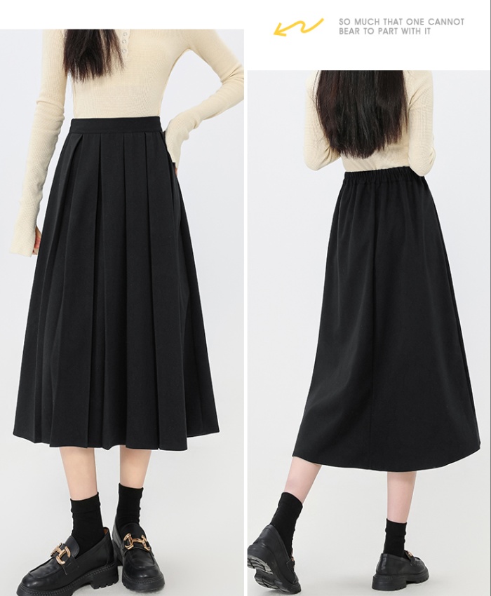 Woolen high waist long A-line pleated skirt for women