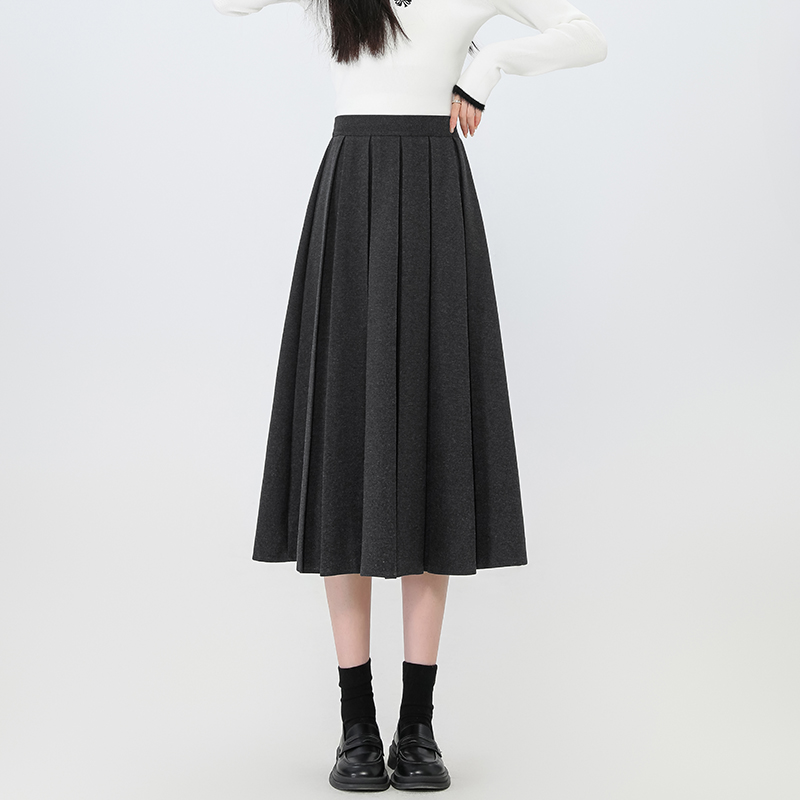 Woolen high waist long A-line pleated skirt for women