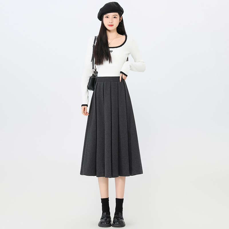 Woolen high waist long A-line pleated skirt for women