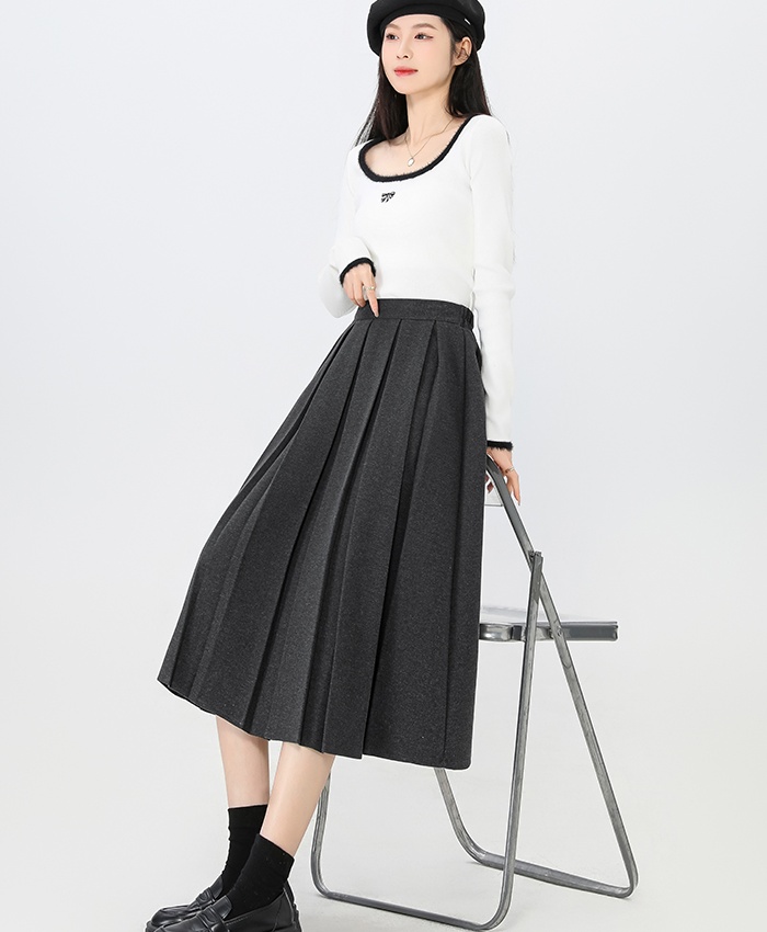 Woolen high waist long A-line pleated skirt for women