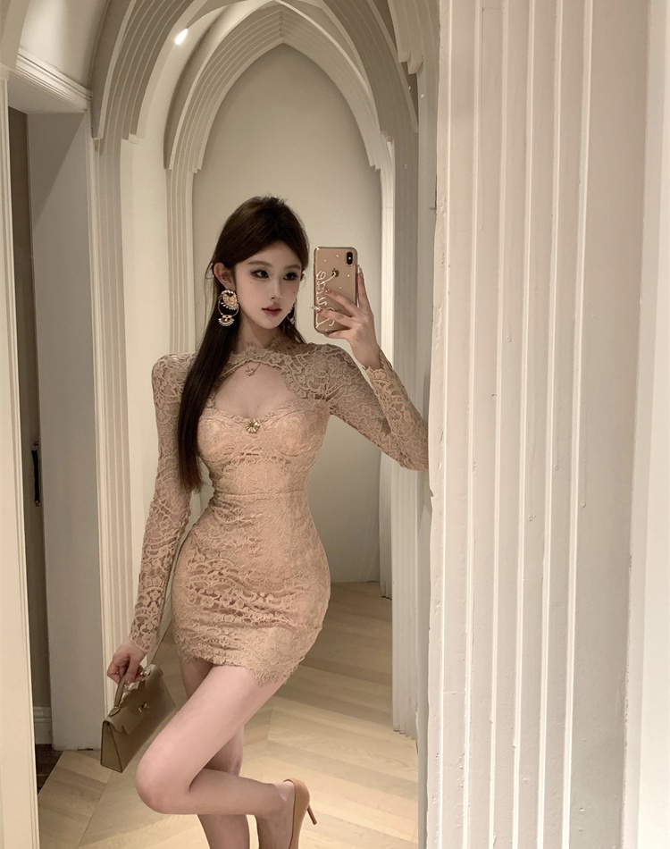 Hollow spicegirl slim long sleeve package hip lace dress