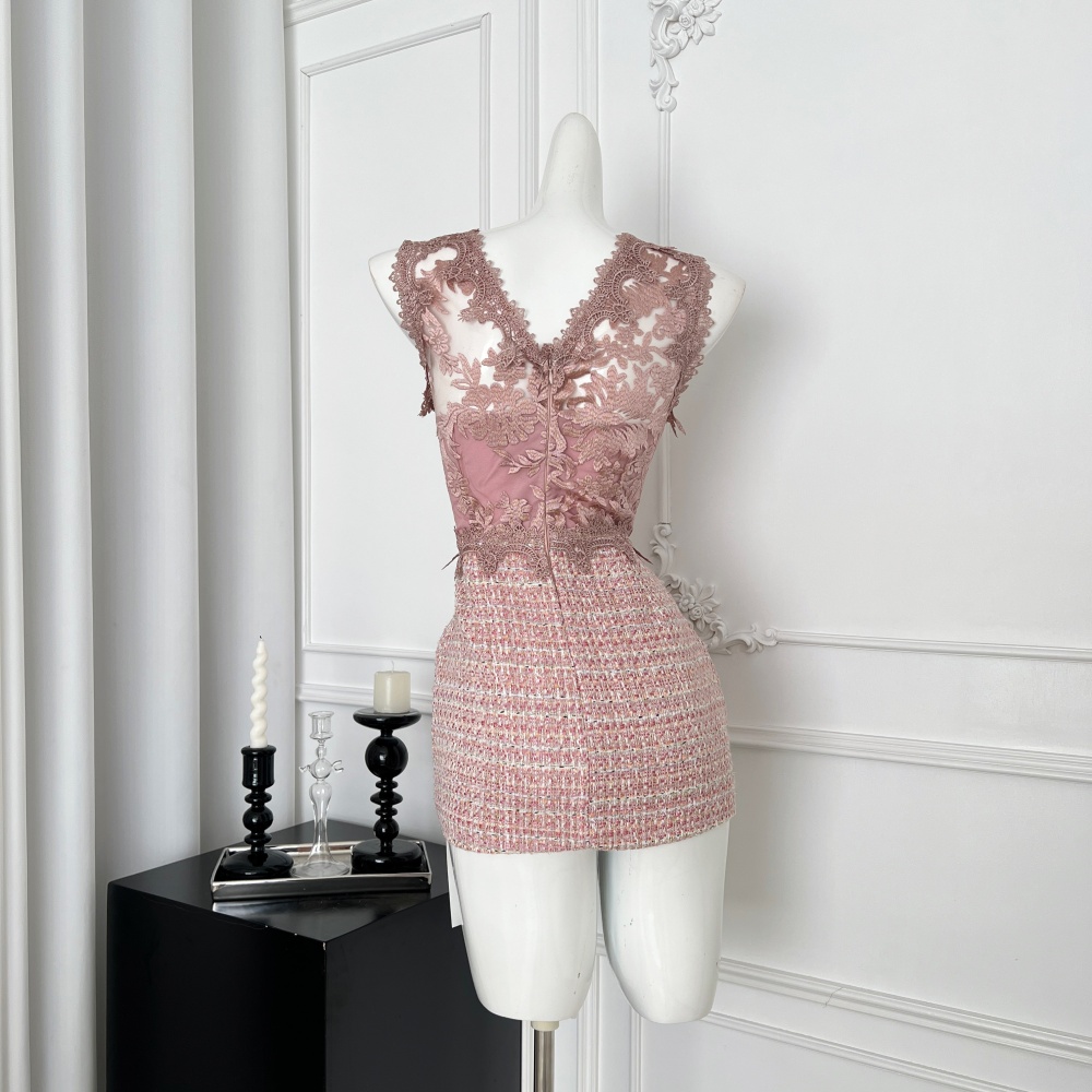 Splice lace embroidered sexy V-neck dress