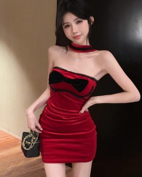 Velvet spicegirl mixed colors package hip tight red dress for women