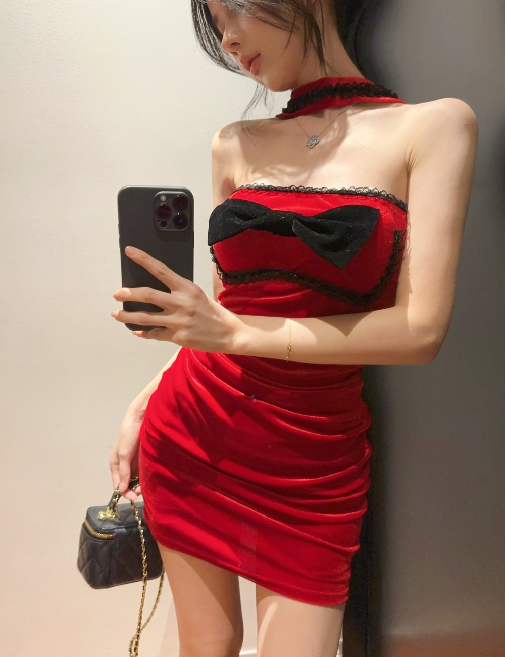 Velvet spicegirl mixed colors package hip tight red dress for women