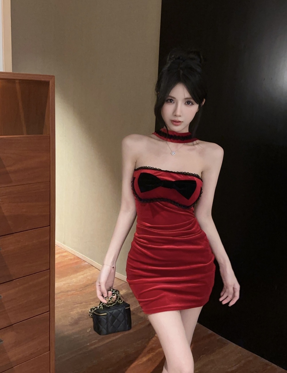 Velvet spicegirl mixed colors package hip tight red dress for women