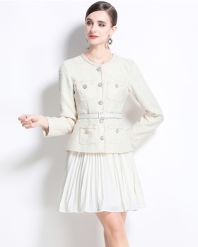 Commuting pleated temperament woolen splice Pseudo-two dress